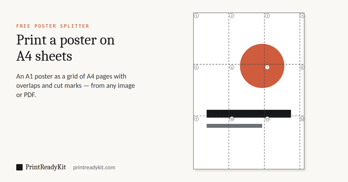 Diagram of an A1 poster divided into a grid of A4 sheets with the overlapping joints shown as dashed lines