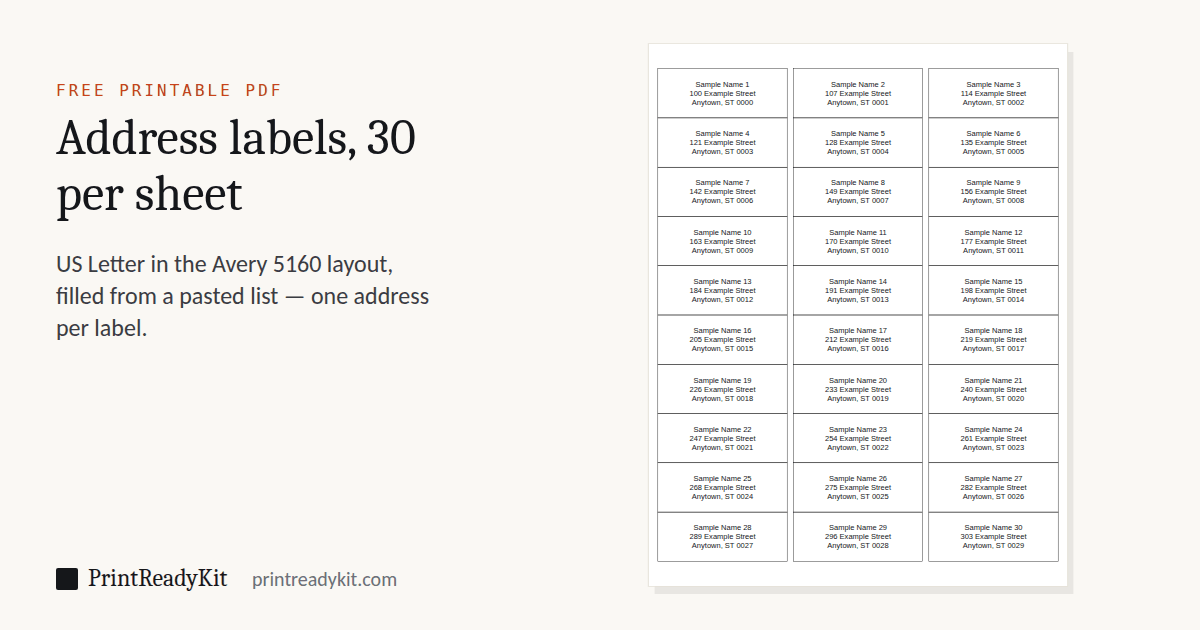 Label sheet PDF: 30 address labels in 3 columns and 10 rows on US Letter, the Avery 5160 layout, each with a sample address