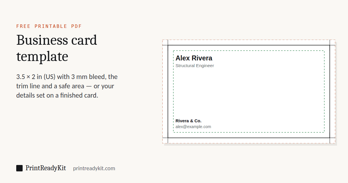 Business card template PDF: a 3.5 by 2 inch card with the bleed area, trim line and safe area marked and sample name and contact details