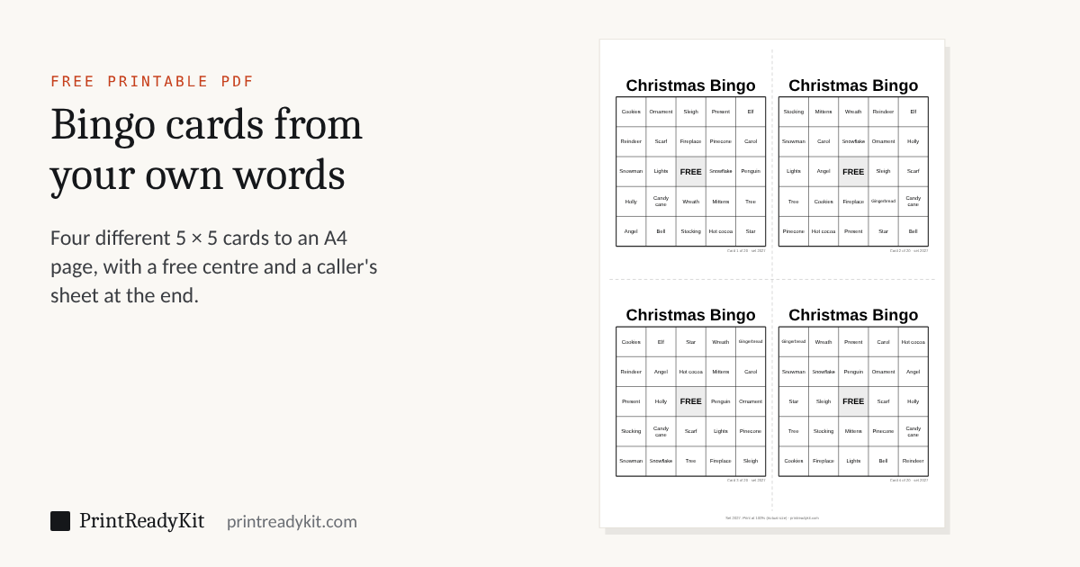 Bingo card PDF: an A4 page of four Christmas bingo cards, each a 5 by 5 grid of different winter words with a free square in the centre
