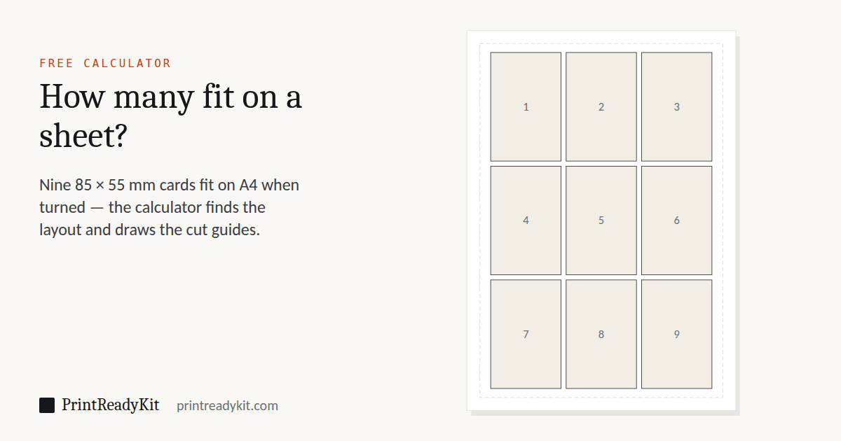 Sheet layout diagram: nine 85 by 55 mm business cards arranged three by three on an A4 sheet with a 10 mm margin