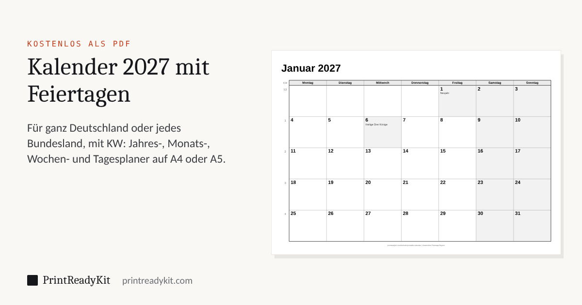 Kalender zum Ausdrucken: Januar 2027 auf A4 quer, mit Kalenderwochen und den bayerischen Feiertagen Neujahr und Heilige Drei Könige