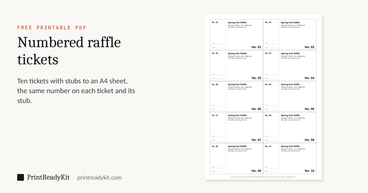 Raffle ticket PDF: an A4 sheet of ten numbered tickets in two columns, each with a stub carrying the same number and lines for a name and phone