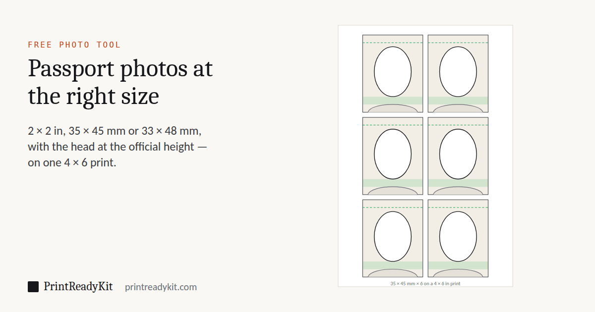 A 4 by 6 inch print holding six 35 by 45 millimetre passport photo frames with the allowed head height marked and cut marks between them