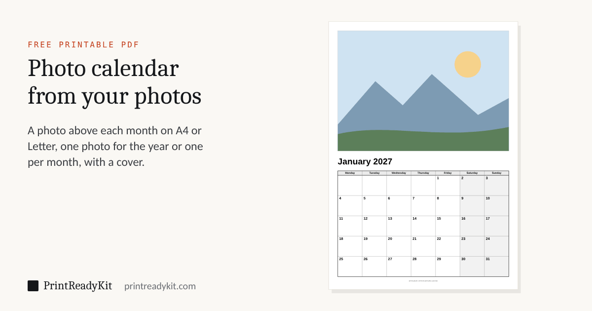 Photo calendar PDF: an A4 page with a landscape picture above the month grid of January 2027