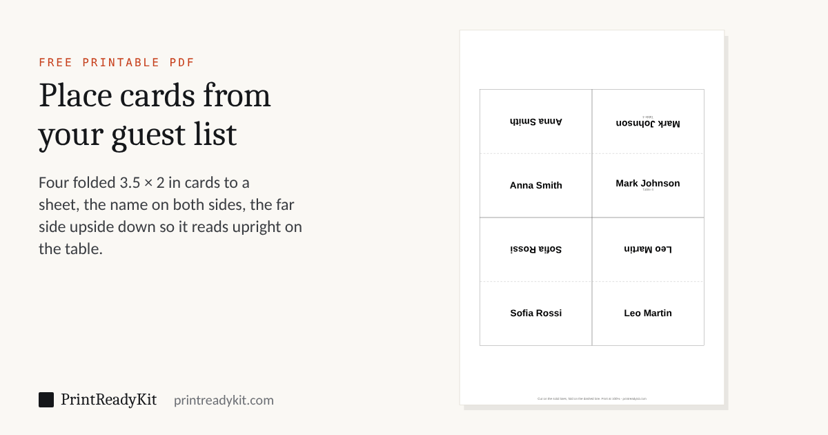 Place card PDF: an A4 sheet of four folding place cards with sample guest names, each printed twice either side of a dashed fold line, one copy upside down