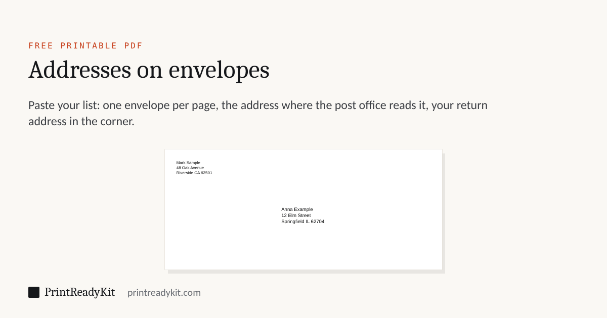 Envelope address PDF: a US #10 envelope with the delivery address right of centre and a return address in the top left corner