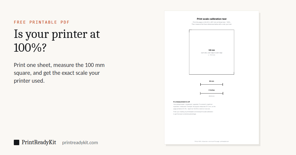 Print scale calibration sheet PDF with a 100 mm square, a 50 mm line and a 2 inch line to measure