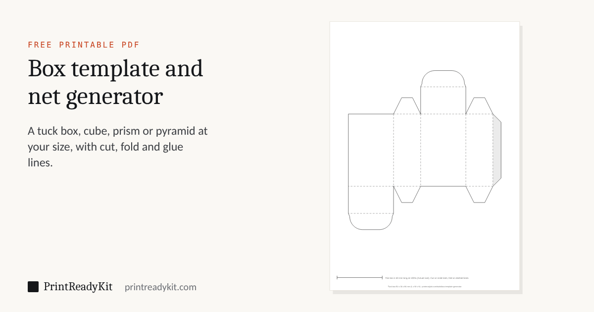 Printable box template PDF: a tuck-flap box 50 by 30 by 80 mm on A4 with solid cut lines, dashed fold lines and a glue flap