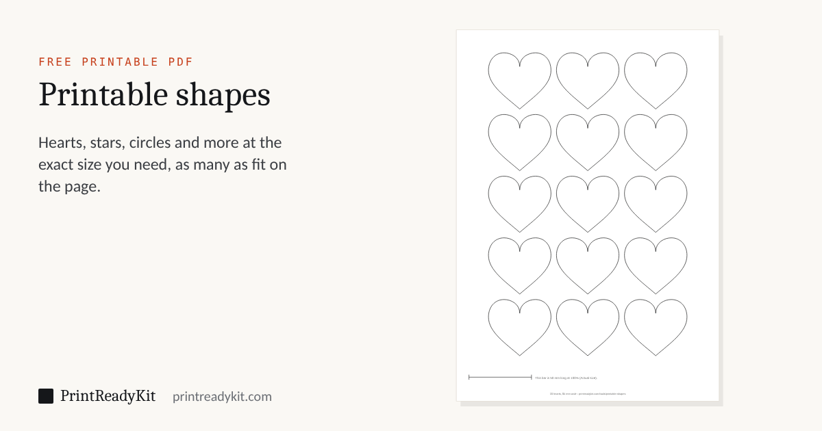 Printable heart template PDF: fifteen 5 cm heart outlines on an A4 page, with a check bar at the foot