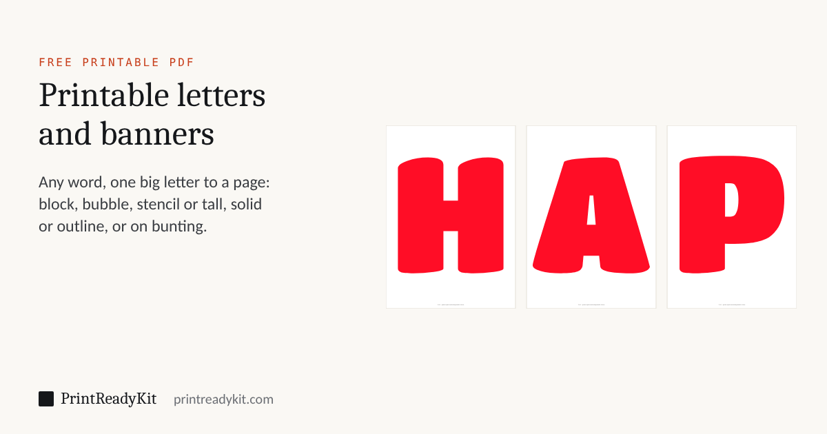 Printable letters PDF: the first three pages of HAPPY in red bubble letters, one big letter on each A4 page