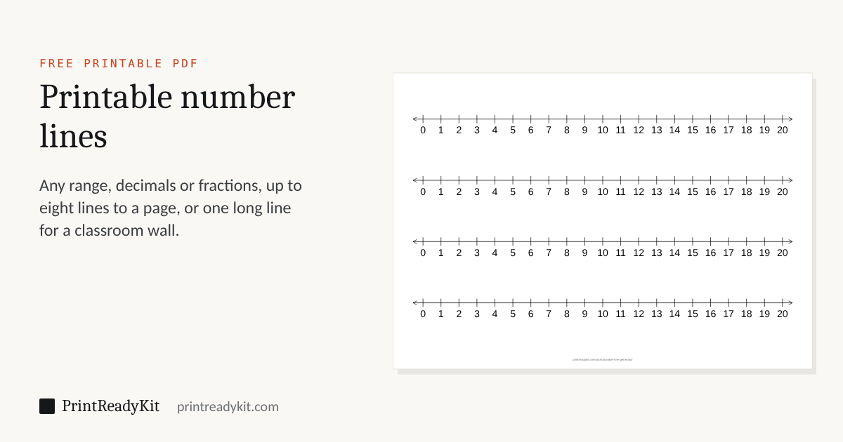 Printable number line PDF: four number lines from 0 to 20 on an A4 landscape sheet, with arrows at both ends