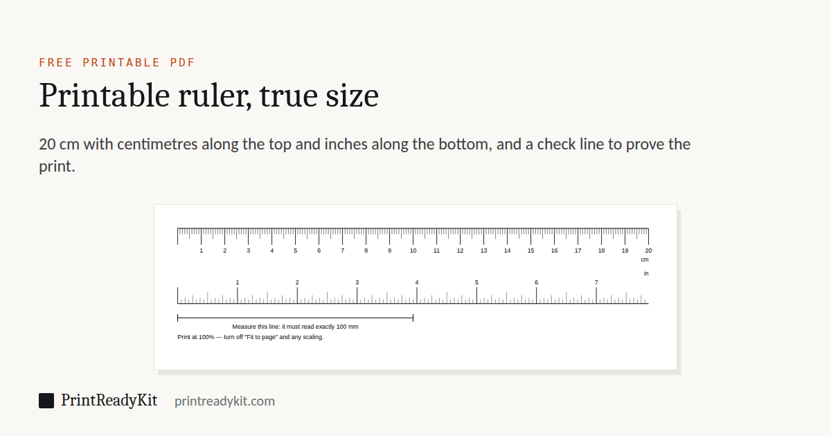 Printable ruler PDF: a 20 cm ruler with centimetre marks along the top edge and inch marks along the bottom edge