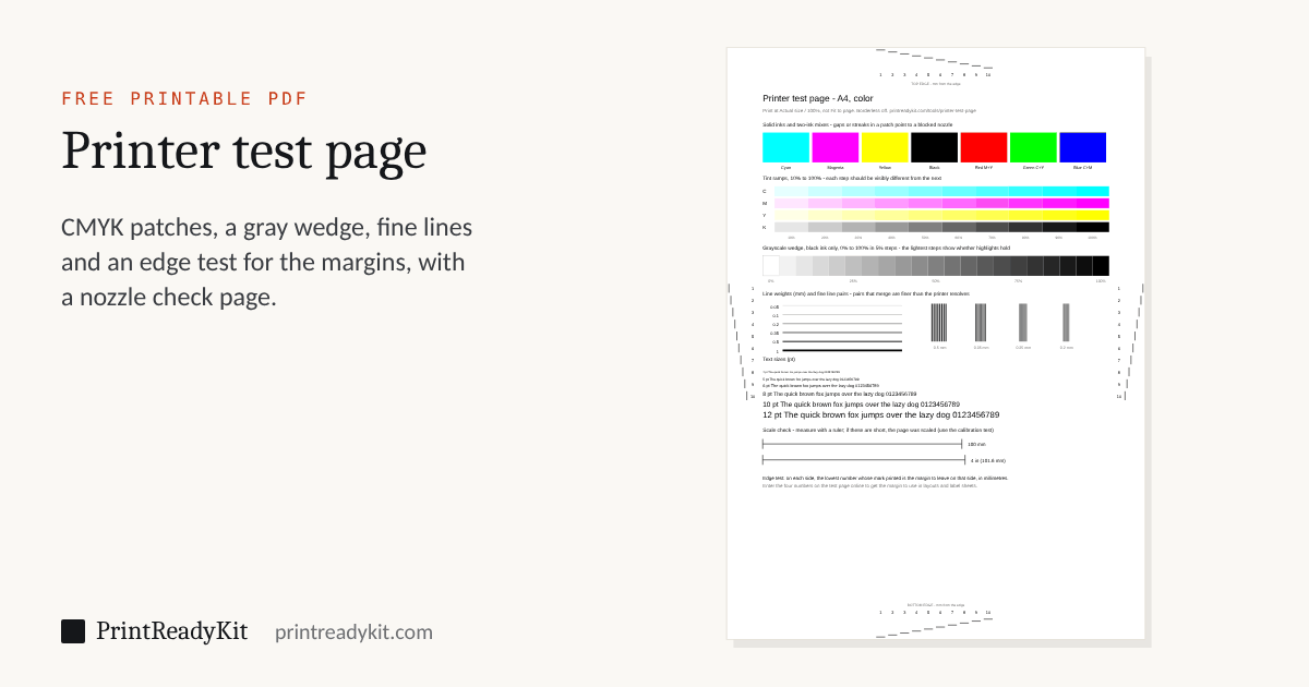 Printer test page PDF on A4 with CMYK color patches, a grayscale wedge, fine lines, text sizes and edge margin marks